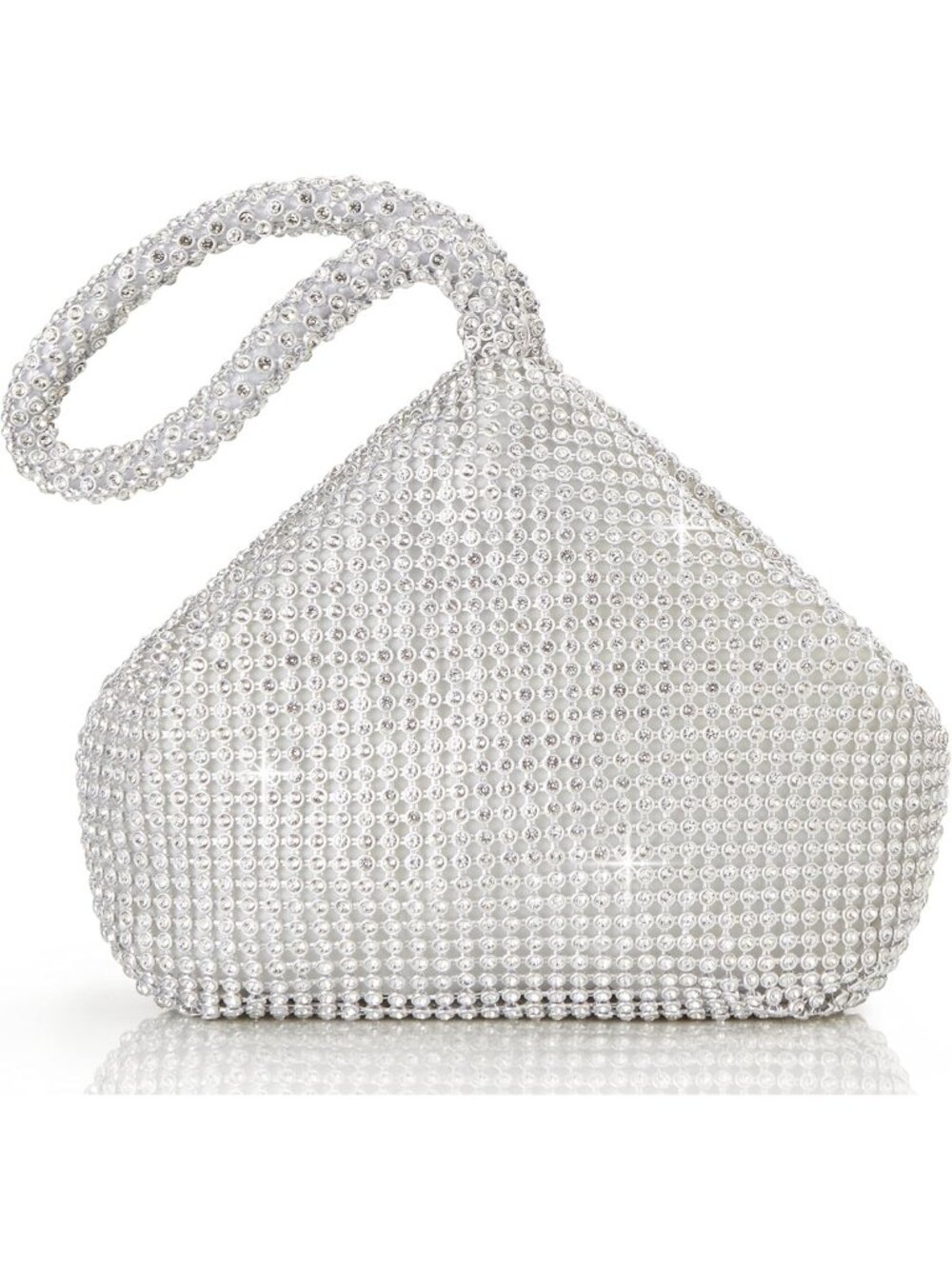Silver Rhinestone Triangle Sparkly Evening Clutch Purse Double Chain